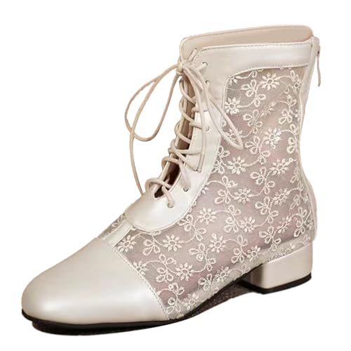 Gicoiz Damen Square Toe Schnüren Sommer Mesh Stiefeletten Zip Pailletten Military Hochzeit Block Mitte Absatz Stiefel Mode Motorradstiefel Beige Gr 44 EU-46Cn von Gicoiz