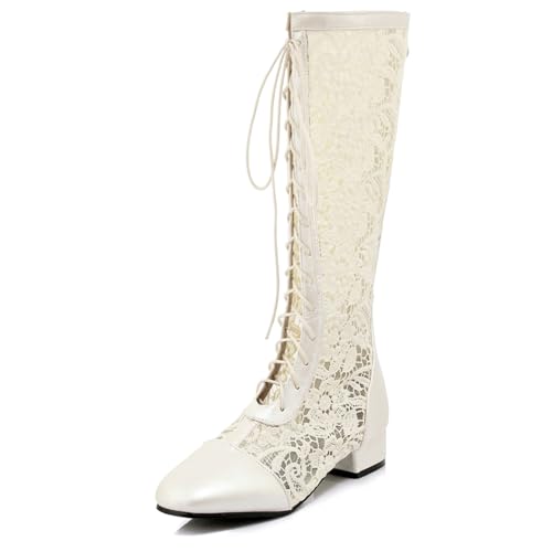 Gicoiz Damen Square Toe Sommer Knee High Mesh Stiefel Bridal Blockabsatz Mode Schnüren Zip Biker Riding Booty Beige Gr 40.5 EU-42Cn von Gicoiz