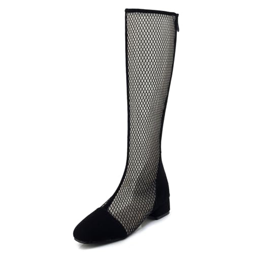 Gicoiz Damen Square Toe Sommer Knee High Mesh Stiefel Bridal Blockabsatz Mode Schnüren Zip Biker Riding Booty Fishing-Net Gr 37 EU-38Cn von Gicoiz