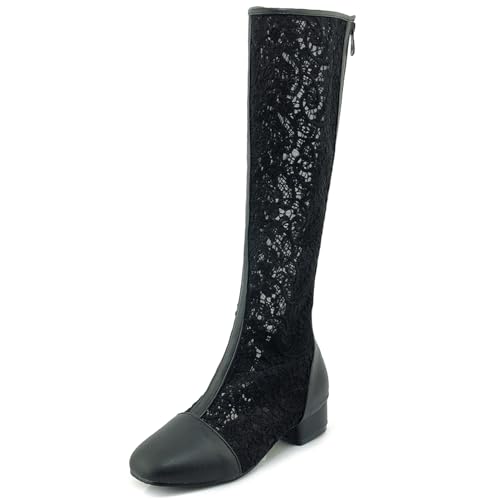Gicoiz Damen Square Toe Sommer Knee High Mesh Stiefel Bridal Blockabsatz Mode Schnüren Zip Biker Riding Booty Schwarz Gr 38 EU-39Cn von Gicoiz