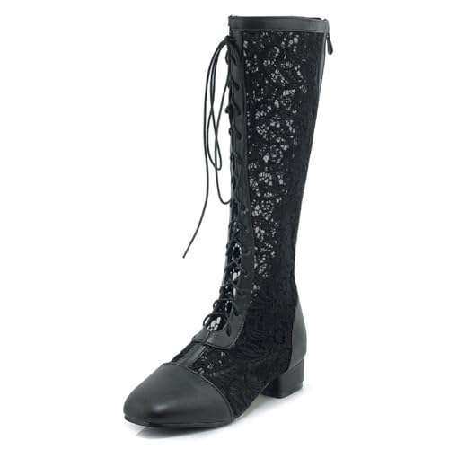 Gicoiz Damen Square Toe Sommer Knee High Mesh Stiefel Bridal Blockabsatz Mode Schnüren Zip Biker Riding Booty Schwarz Gr 38 EU-39Cn von Gicoiz