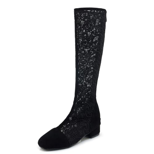 Gicoiz Damen Square Toe Sommer Knee High Mesh Stiefel Bridal Blockabsatz Mode Schnüren Zip Biker Riding Booty Snowflake-Net Gr 39 EU-40Cn von Gicoiz