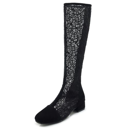 Gicoiz Damen Square Toe Sommer Knee High Mesh Stiefel Bridal Blockabsatz Mode Schnüren Zip Biker Riding Booty Spider-Web Gr 33 EU von Gicoiz