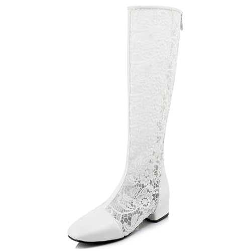 Gicoiz Damen Square Toe Sommer Knee High Mesh Stiefel Bridal Blockabsatz Mode Schnüren Zip Biker Riding Booty Weiß Gr 44 EU-46Cn von Gicoiz