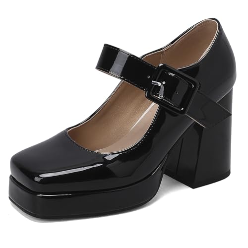 Gicoiz Damen Square Toe Stylish Mary Jane Chunky Heel Pumps Weit Fit Party Elegant Block High Schuhe Knöchelriemchen Hochzeit Schuhe Schwarz Gr 9-45 von Gicoiz