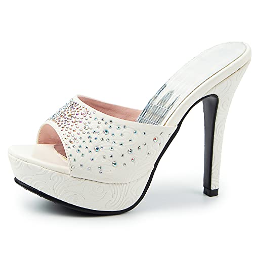 Gicoiz Damen Stiletto Mule Plateau Höhe Ferse Glitzer Sandalen Peep Toe Mode Party Peep Toe Sommer Hausschuhe Pantoffeln Pantoffeln Hochzeit Beige Gr 44 EU-46Cn von Gicoiz