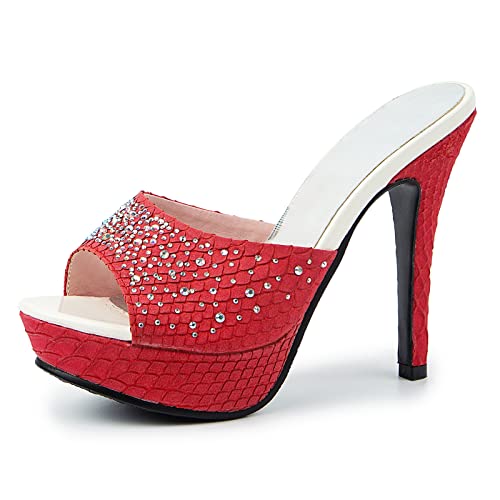 Gicoiz Damen Stiletto Mule Plateau Höhe Ferse Glitzer Sandalen Peep Toe Mode Party Peep Toe Sommer Hausschuhe Pantoffeln Pantoffeln Hochzeit Rot Gr 42 EU-44Cn von Gicoiz
