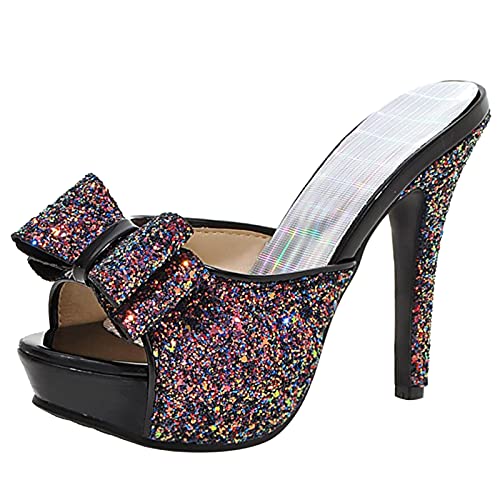 Gicoiz Damen Stiletto Mule Plateau Höhe Ferse Glitzer Sandalen Peep Toe Mode Party Peep Toe Sommer Hausschuhe Pantoffeln Pantoffeln Hochzeit Schwarz Gr 39 EU-40Cn von Gicoiz