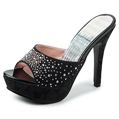 Gicoiz Damen Stiletto Mule Plateau Höhe Ferse Glitzer Sandalen Peep Toe Mode Party Peep Toe Sommer Hausschuhe Pantoffeln Pantoffeln Hochzeit Schwarz Gr 41 EU-43Cn von Gicoiz