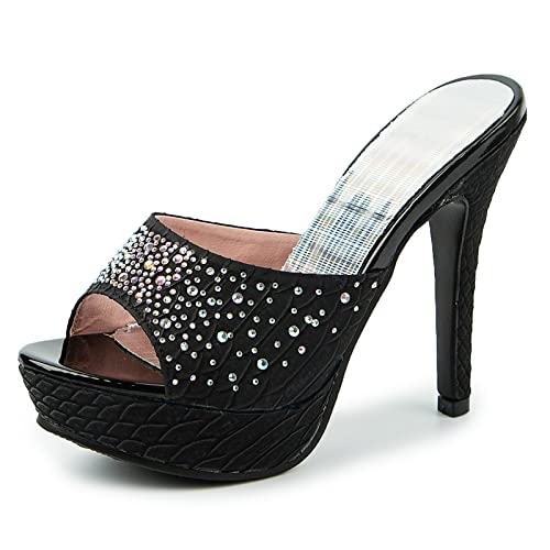Gicoiz Damen Stiletto Mule Plateau Höhe Ferse Glitzer Sandalen Peep Toe Mode Party Peep Toe Sommer Hausschuhe Pantoffeln Pantoffeln Hochzeit Schwarz Gr 43 EU-45Cn von Gicoiz