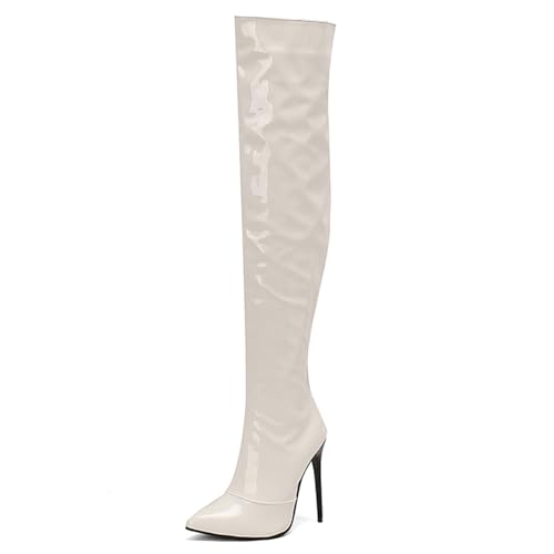 Gicoiz Damen Stilettos Lack Overknee Stiefel Party Elegant Pointed Toe Thigh High Winter Formal Lang Booty Seitenreißverschluss Weiß Gr 43 EU-45Cn von Gicoiz