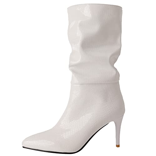 Gicoiz Damen Stilettos Party Halbschaft Lockere Stiefel Elegant Hochzeit Schuhe Winter Warm Ohne Verschluss Mode Pointed Toe Lack Stiefeletten Weiß Gr 46 EU-48Cn von Gicoiz