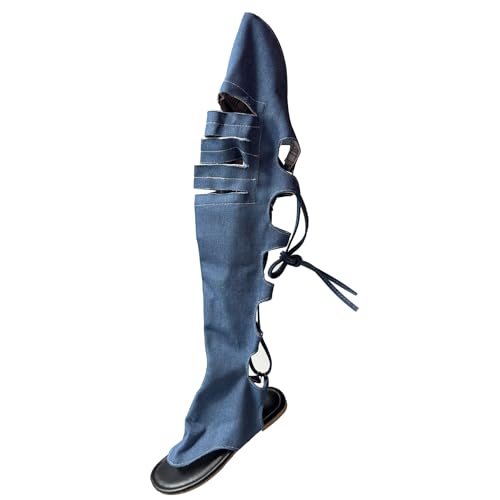 Gicoiz Damen Strand Komfort Overknees Gladiator Stiefel Schnüren Sommer Strappy Romisch Sandals Flip Flops Slippers Blau Gr 35 EU von Gicoiz