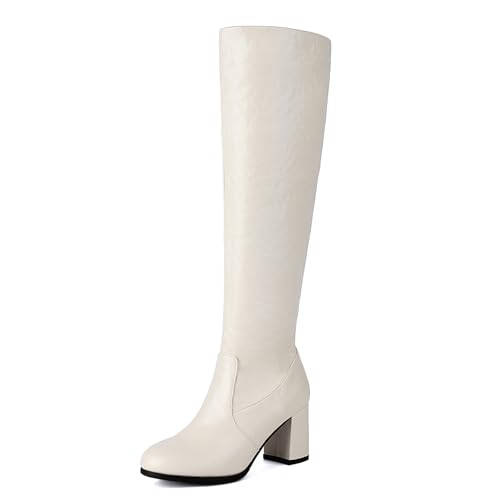 Gicoiz Damen Winter Buro Knee High Blockabsatz Stiefel Boots Elegant Runde Zehen Abend Formal Riding Booty Zip Equestrian Arbeit Schuhe Beige Gr 36 EU von Gicoiz