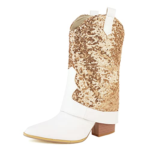 Gicoiz Damen Winter Vintage Halbschaft Pailletten Cowboystiefel Leisure Warm Pointed Toe Blockabsatz Western Hochzeit Sparkly Schuhe Gold Gr 40 EU-41Cn von Gicoiz