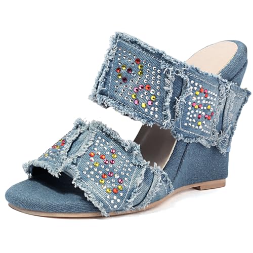 Gicoiz Denim Pantoffeln Damen Keilabsatz Mule Sandalen Offene Zeh Sommer Mode Hausschuhe Pantoffeln Damen Höhe Ferse Flip Flop Glitzersteine Light-Blau Gr 38 EU-39Cn von Gicoiz