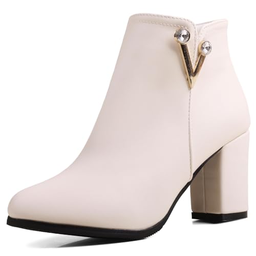 Gicoiz Elegant Chelsea Damen Formal Blockabsatz Stiefeletten Pointed Toe Abend Chunky Wildleder Hochzeit Höhe Ferse Stiefeletten Beige Gr 34 EU von Gicoiz