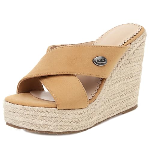 Gicoiz Espadrille Pantoffeln Damen Plateau Keilabsatz Mode Sandals Komfort Sommer Strand Offene Zeh Wildleder Hausschuhe Pantoffeln Mule Leisure Aprikose Gr 35 EU von Gicoiz