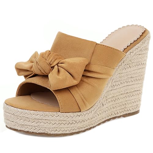 Gicoiz Espadrille Pantoffeln Damen Plateau Keilabsatz Mode Sandals Komfort Sommer Strand Offene Zeh Wildleder Hausschuhe Pantoffeln Mule Leisure Aprikose Gr 41 EU-43Cn von Gicoiz