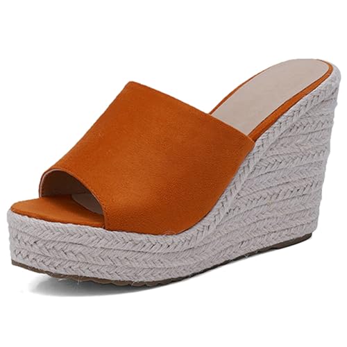 Gicoiz Espadrille Pantoffeln Damen Plateau Keilabsatz Mode Sandals Komfort Sommer Strand Offene Zeh Wildleder Hausschuhe Pantoffeln Mule Leisure Orange Gr 36.5 EU-37Cn von Gicoiz