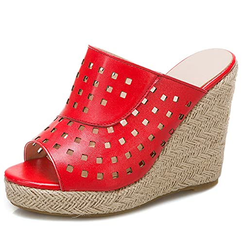 Gicoiz Espadrille Plateau Keilabsatzs Damen Peep Toe Mule Pantoffeln Mode Höhe Ferse Hausschuhe Pantoffeln Sommer Hochzeit Komfort Sandalen Strand Rot Gr 46 EU-48Cn von Gicoiz