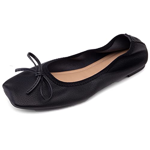 Gicoiz Foldable Flach Schuhe Damen Square Toe Bogentie Ballerina Pantoffeln Ohne Verschluss Leisure Comfy Dolly Schuhe Damen Schuluniform Ballet Loafer Schwarz Gr 39 EU-40Cn von Gicoiz