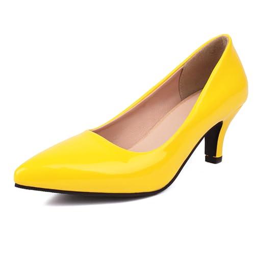 Gicoiz Formal Kitten Schuhe Damen Pointed Toe Hochzeit Schuhe Ohne Verschluss Buro Formal Komfort Low Mittlere Fersenpumpe Abend Gelb Gr 33 EU von Gicoiz