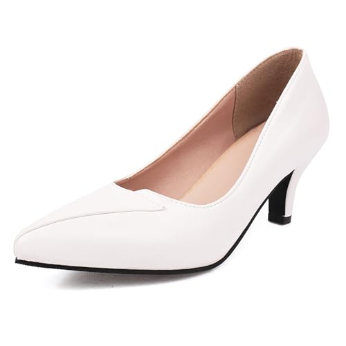 Gicoiz Formal Kitten Schuhe Damen Pointed Toe Hochzeit Schuhe Ohne Verschluss Buro Formal Komfort Low Mittlere Fersenpumpe Abend Weiß Gr 40.5 EU-42Cn von Gicoiz