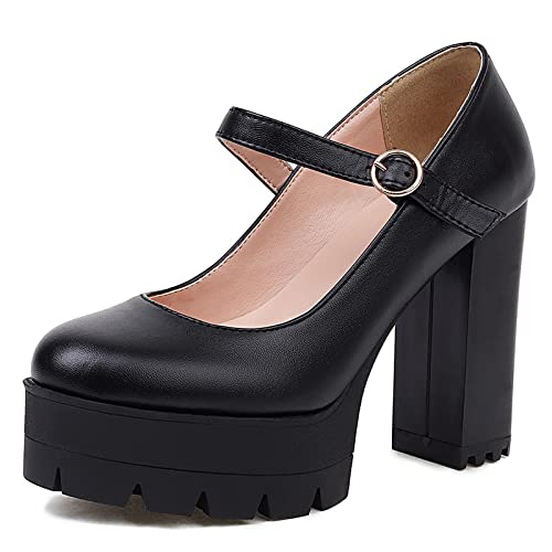 Gicoiz Fußkleidung Chunky Heel Mary Jane Damen Klassische Plateau Schuhe Knöchelriemchen Mode Plateau Runde Zehen Pump Kleid Schwarz Gr 34 EU von Gicoiz