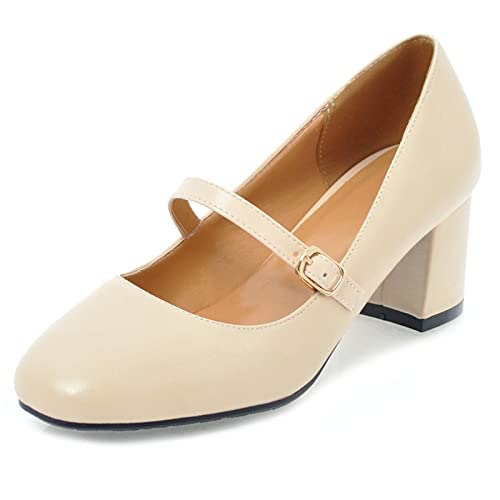 Gicoiz Fußkleidung Damen Basic Square Toe Mary Jane Blockabsatz Schuhe Comy Knöchelriemchen Arbeit Kleid Weit Fit Bridal Pump Pu Beige Gr 34 EU von Gicoiz