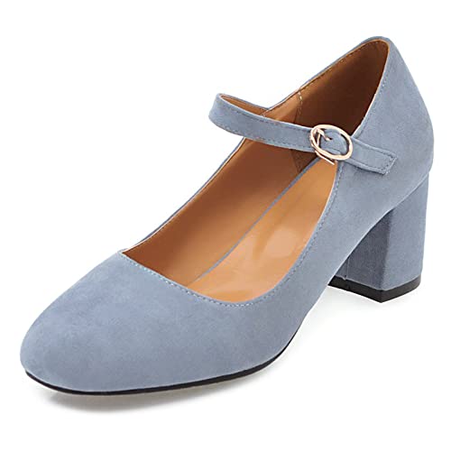 Gicoiz Fußkleidung Damen Basic Square Toe Mary Jane Blockabsatz Schuhe Comy Knöchelriemchen Arbeit Kleid Weit Fit Bridal Pump Wildleder Blau Gr 38 EU-39Cn von Gicoiz