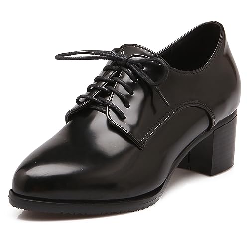 Gicoiz Fußkleidung Damen Business Formal Pointed Toe Schnüren Oxford Comfy Block Mitte Absatz Schuhe Pump Arbeit Kleid Derby Schwarz Gr 39 EU-40Cn von Gicoiz