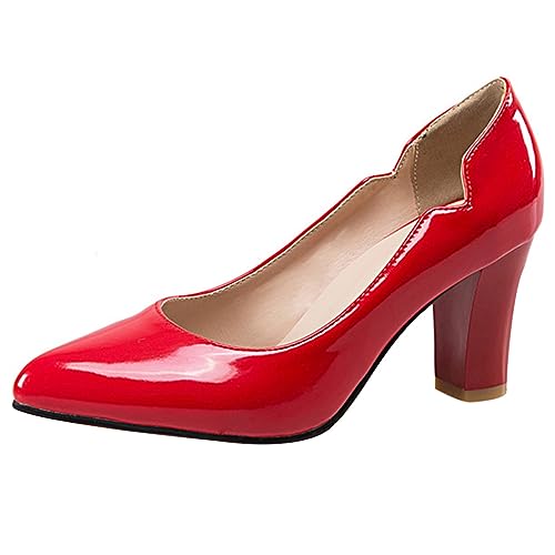 Gicoiz Fußkleidung Damen Pointed Toe Buro Blockabsatz Lack Pump Ohne Verschluss Mode Höhe Ferse Schuhe Glitzer Hochzeit Abendschuhe Basic Rot Gr 42 EU-44Cn von Gicoiz
