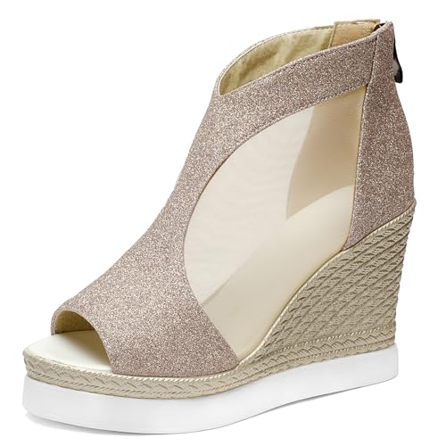 Gicoiz Glitzer Espadrille Damen Peep Toe Plateau Keilabsatz Sandalen Knöchelriemchen Hochzeit Höhe Ferse Mesh Bogen Schuhe Bride Gold Gr 35 EU von Gicoiz