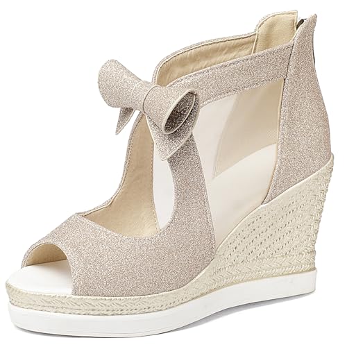 Gicoiz Glitzer Espadrille Damen Peep Toe Plateau Keilabsatz Sandalen Knöchelriemchen Hochzeit Höhe Ferse Mesh Bogen Schuhe Bride Gold Gr 40 EU-41Cn von Gicoiz