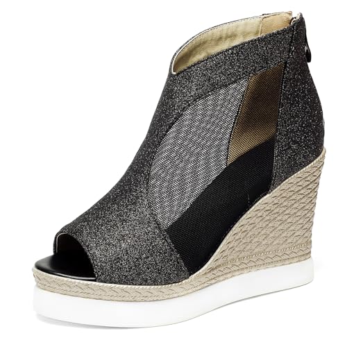 Gicoiz Glitzer Espadrille Damen Peep Toe Plateau Keilabsatz Sandalen Knöchelriemchen Hochzeit Höhe Ferse Mesh Bogen Schuhe Bride Schwarz Gr 36.5 EU-37Cn von Gicoiz