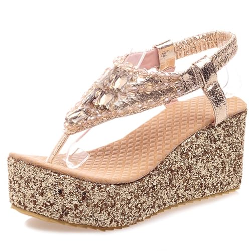 Gicoiz Glitzer Keilabsatz Damen Plateau Sommer Flip Flops Strand Pantoffeln Elegant Knöchelriemchen Hochzeit Höhe Ferse Komfort Sandals Gold Gr 46 EU-48Cn von Gicoiz