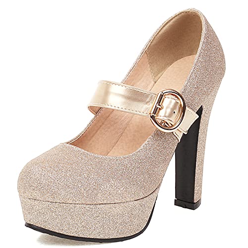 Gicoiz Glitzer Mary Jane Bride Hochzeit Höhe Ferse Schuhe Pump Knöchelriemchen Damen Mode Blockabsatz Plateau Party Pump Gold Gr 40.5 EU-42Cn von Gicoiz