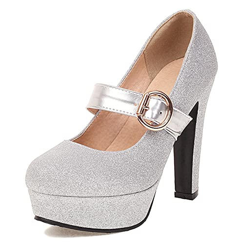 Gicoiz Glitzer Mary Jane Bride Hochzeit Höhe Ferse Schuhe Pump Knöchelriemchen Damen Mode Blockabsatz Plateau Party Pump Silber Gr 33 EU von Gicoiz