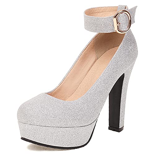 Gicoiz Glitzer Mary Jane Bride Hochzeit Höhe Ferse Schuhe Pump Knöchelriemchen Damen Mode Blockabsatz Plateau Party Pump Silber Gr 36.5 EU-37Cn von Gicoiz