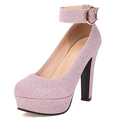 Gicoiz Glitzer Mary Jane Bride Hochzeit Höhe Ferse Schuhe Pump Knöchelriemchen Damen Mode Blockabsatz Plateau Party Pump Violett Gr 32 EU von Gicoiz