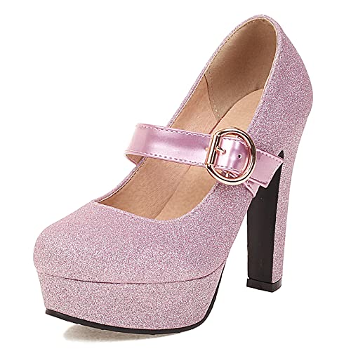 Gicoiz Glitzer Mary Jane Bride Hochzeit Höhe Ferse Schuhe Pump Knöchelriemchen Damen Mode Blockabsatz Plateau Party Pump Violett Gr 37 EU-38Cn von Gicoiz