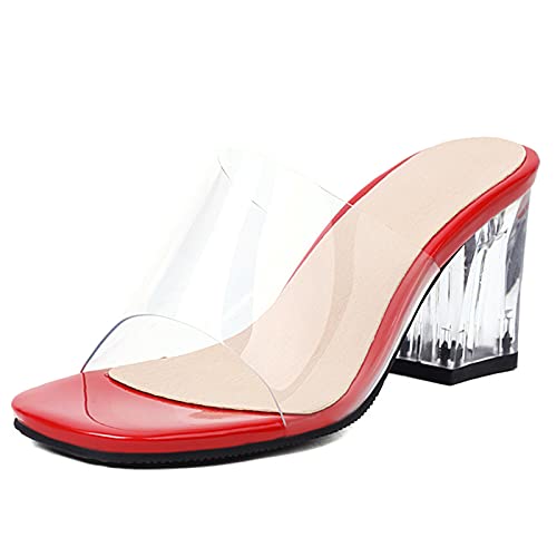 Gicoiz Hausschuhe Pantoffeln Sandalen Damen Blockabsatz Hochzeit Pantoffeln Transparent Sommer Offene Zeh Elegant Blumes Glitzer Mule Bride Rot Gr 44 EU-46Cn von Gicoiz