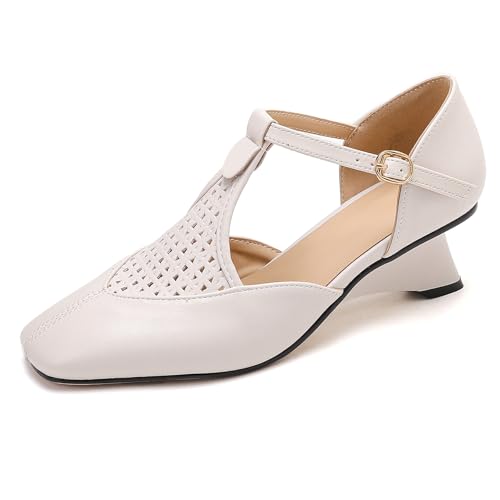 Gicoiz Hochzeit Keilabsatz Bride Square Toe T-Spange Sandals Komfort Sommer Schnalle Damen Party Geschlossen Mitte Absatz Beige Gr 34 EU von Gicoiz