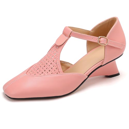Gicoiz Hochzeit Keilabsatz Bride Square Toe T-Spange Sandals Komfort Sommer Schnalle Damen Party Geschlossen Mitte Absatz Pink Gr 36.5 EU-37Cn von Gicoiz