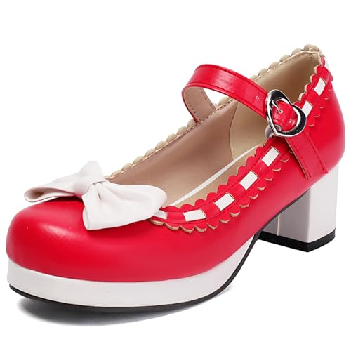 Gicoiz Hochzeit Mary Jane Bogen Damen Glitzer Mitte Blockabsatz Pumps Comfy Runde Zehen Sommer Party Knöchelriemchen Plateau Schuluniform Schuhe Rot Gr 33 EU von Gicoiz