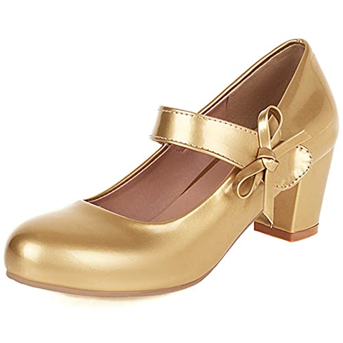 Gicoiz Hochzeit Mary Jane Bride Klassische Blockabsatz Schuhe Pump Bogenknoten Runde Zehen Komfort Party Knöchelriemchen Mode Shiny Dancing Pump Gold Gr 36.5 EU-37Cn von Gicoiz