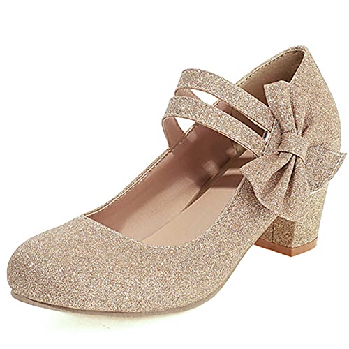 Gicoiz Hochzeit Mary Jane Bride Klassische Blockabsatz Schuhe Pump Bogenknoten Runde Zehen Komfort Party Knöchelriemchen Mode Shiny Dancing Pump Gold Gr 36.5 EU-37Cn von Gicoiz