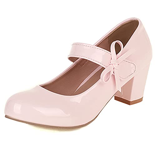 Gicoiz Hochzeit Mary Jane Bride Klassische Blockabsatz Schuhe Pump Bogenknoten Runde Zehen Komfort Party Knöchelriemchen Mode Shiny Dancing Pump Pink Gr 38 EU-39Cn von Gicoiz