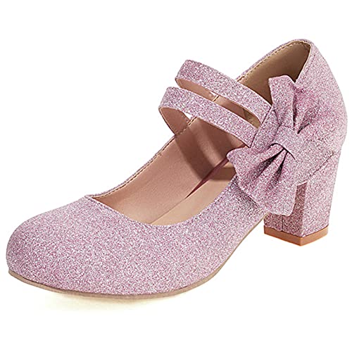 Gicoiz Hochzeit Mary Jane Bride Klassische Blockabsatz Schuhe Pump Bogenknoten Runde Zehen Komfort Party Knöchelriemchen Mode Shiny Dancing Pump Violett Gr 38 EU-39Cn von Gicoiz